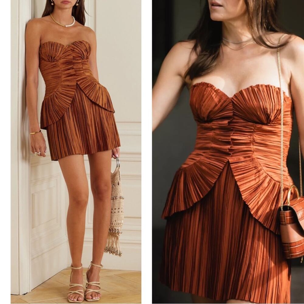 CULT GAIA Charlique Ruched Pleated Strapless Peplum Brown Mini Dress Size 2